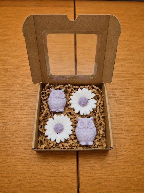 Mydełka glicerynowe rękodzieło dekoracyjne Sowy i Stokrotki prezent Lawenda