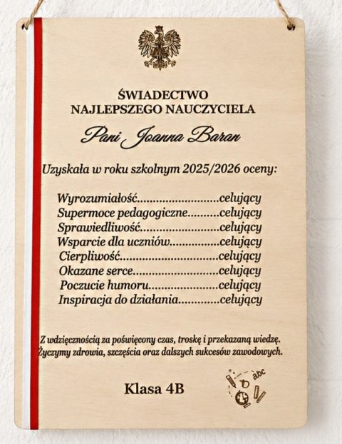 Świadectwo Nauczyciela DrewnoPersonalizowane Podziękowanie Prezent od Klasy