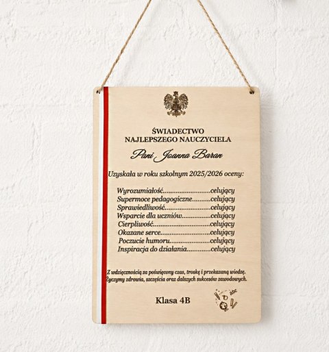 Świadectwo Nauczyciela DrewnoPersonalizowane Podziękowanie Prezent od Klasy